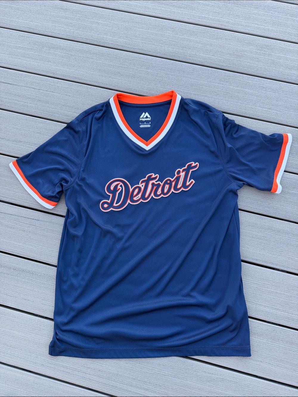 Majestic Navy Detroit TigersV-Neck Short-Sleeve Jersey with Orange
